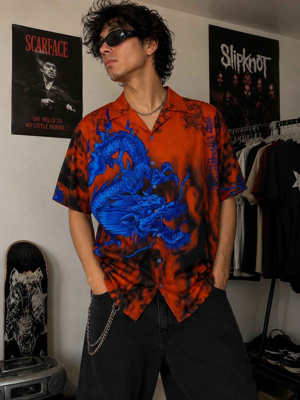 Y2K Blue Dragon Flame Button Up Shirt XL